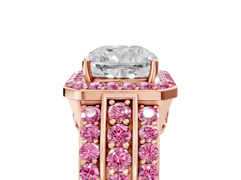 Rose gold Cushion Cut Halo Diamond Ring with Round with Pink Sapphire side stone Split Shank and Prong Setting_5