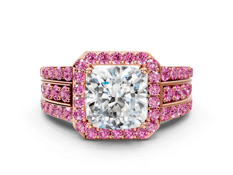 Rose gold Cushion Cut Halo Diamond Ring with Round with Pink Sapphire side stone Split Shank and Prong Setting