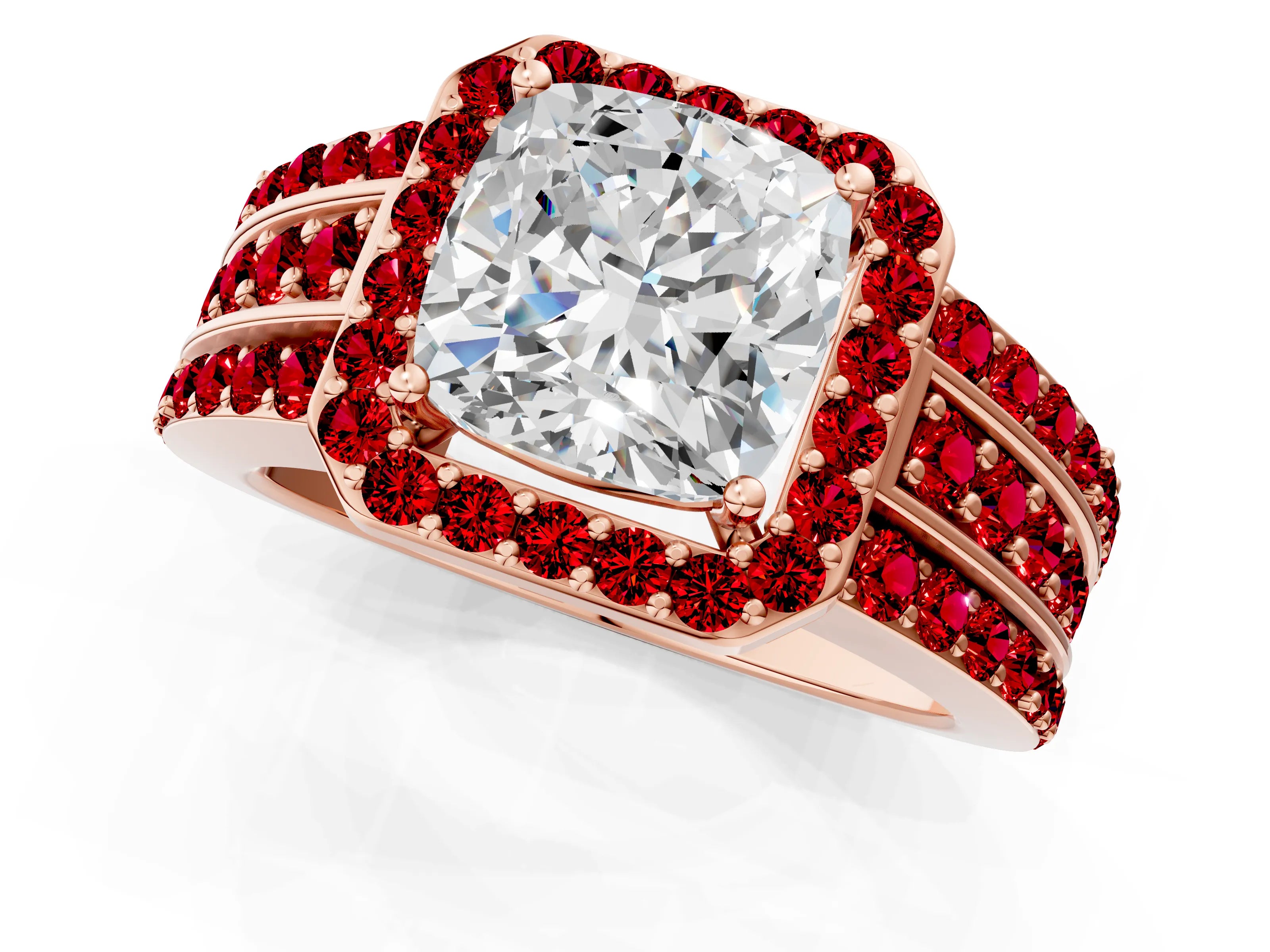 Rose gold Cushion Cut Halo Diamond Ring with Round with Ruby side stone Split Shank and Prong Setting_1