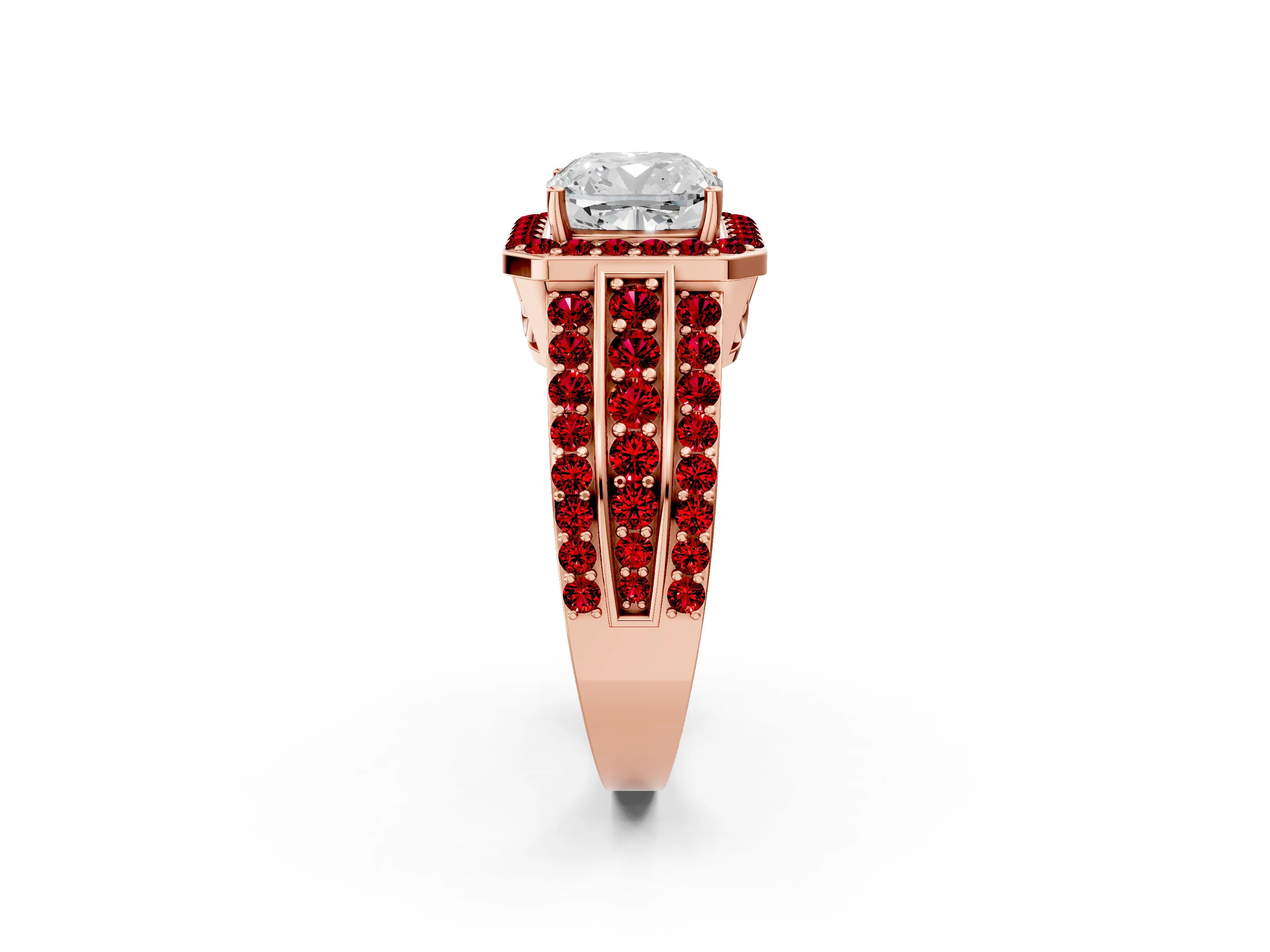 Rose gold Cushion Cut Halo Diamond Ring with Round with Ruby side stone Split Shank and Prong Setting_2
