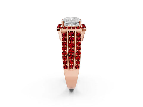 Rose gold Cushion Cut Halo Diamond Ring with Round with Ruby side stone Split Shank and Prong Setting_2