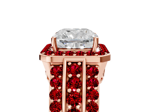 Rose gold Cushion Cut Halo Diamond Ring with Round with Ruby side stone Split Shank and Prong Setting_5