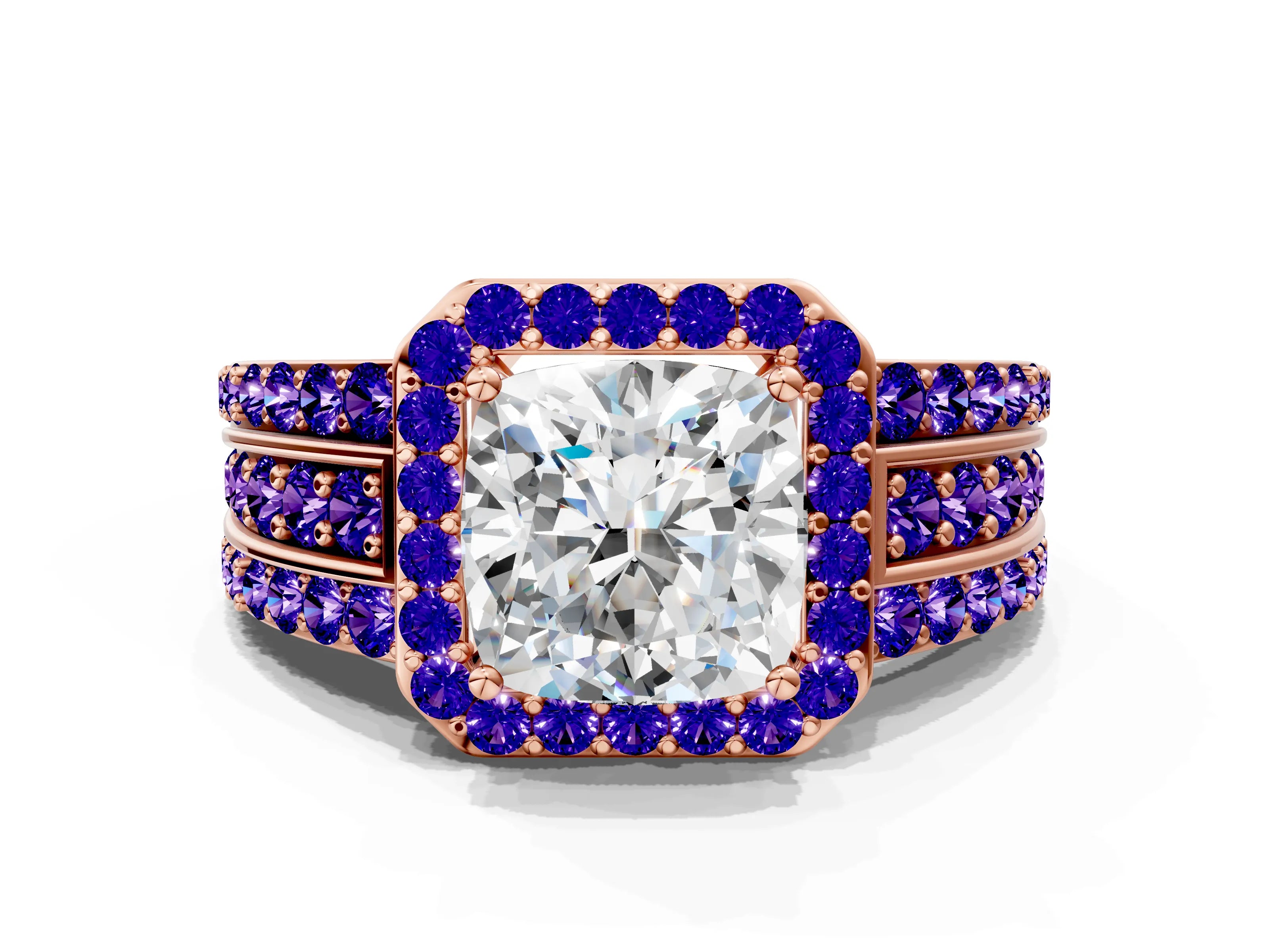 Rose gold Cushion Cut Halo Diamond Ring with Round with Tanzanite side stone Split Shank and Prong Setting