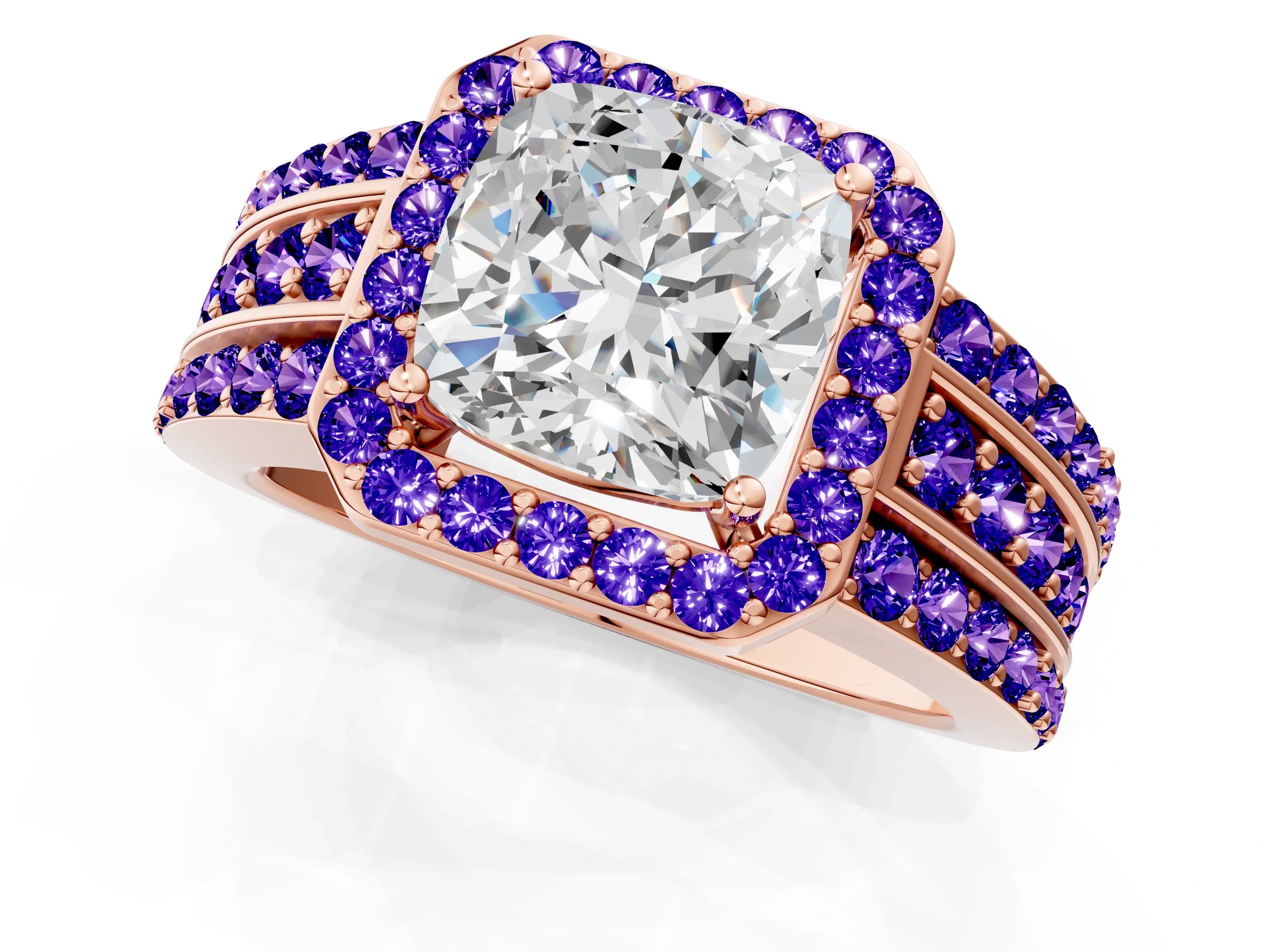 Rose gold Cushion Cut Halo Diamond Ring with Round with Tanzanite side stone Split Shank and Prong Setting_1