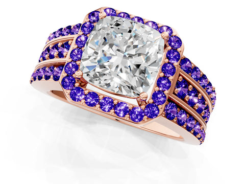 Rose gold Cushion Cut Halo Diamond Ring with Round with Tanzanite side stone Split Shank and Prong Setting_1