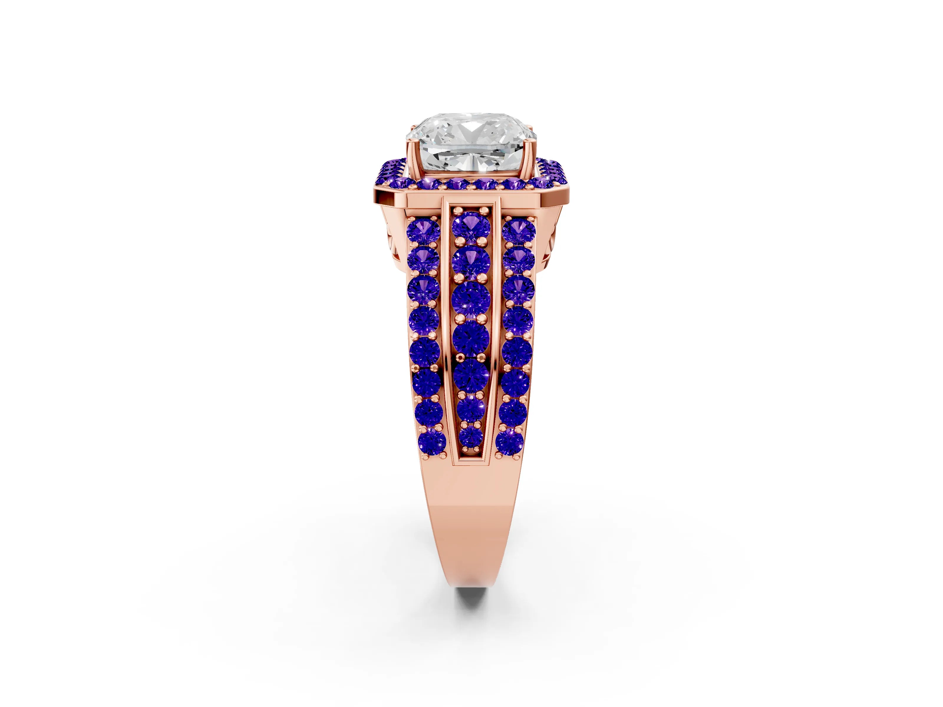 Rose gold Cushion Cut Halo Diamond Ring with Round with Tanzanite side stone Split Shank and Prong Setting_2