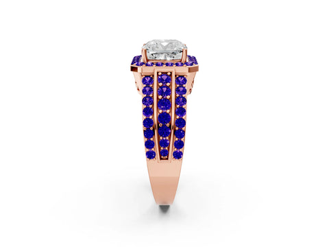 Rose gold Cushion Cut Halo Diamond Ring with Round with Tanzanite side stone Split Shank and Prong Setting_2