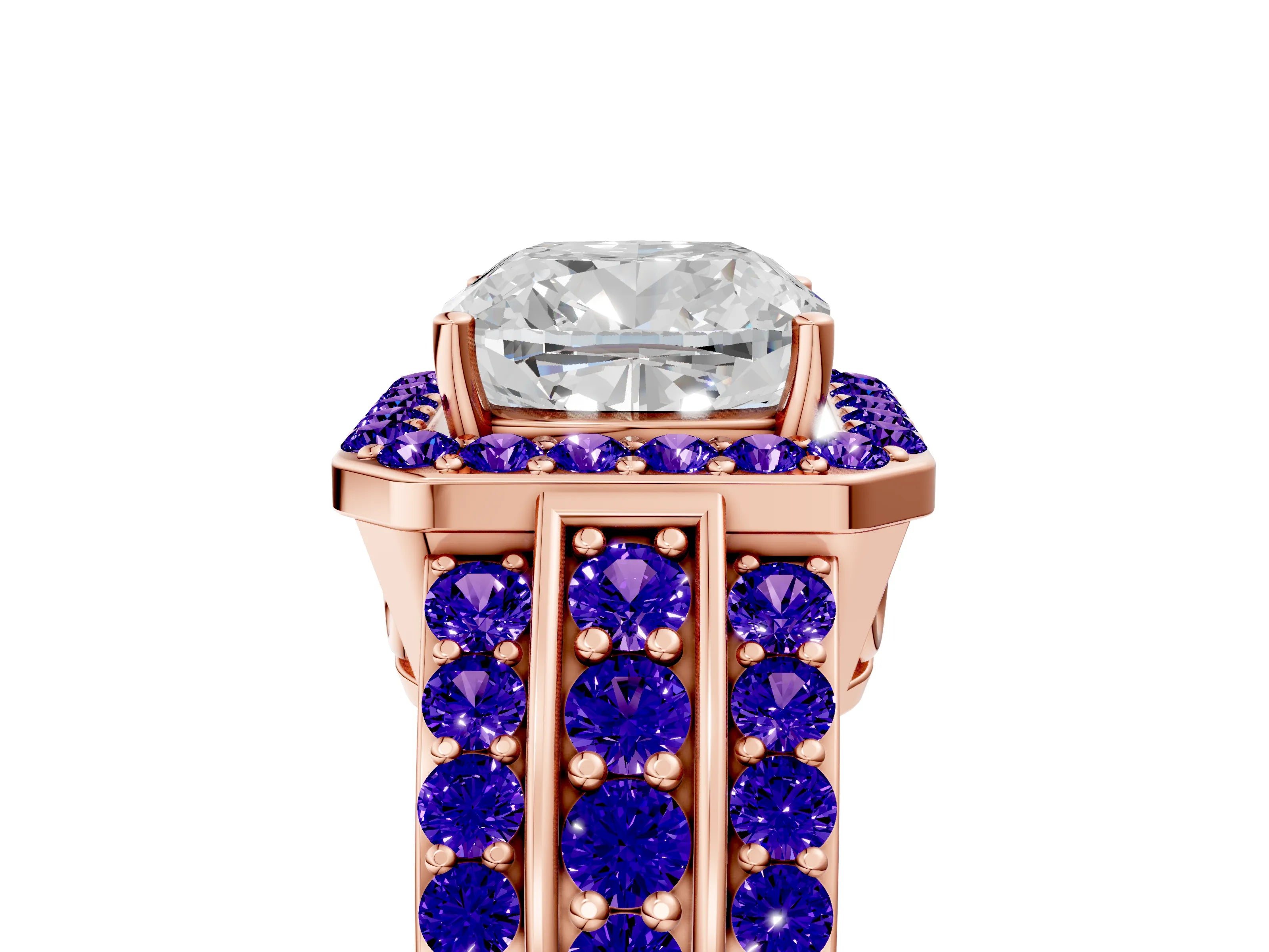 Rose gold Cushion Cut Halo Diamond Ring with Round with Tanzanite side stone Split Shank and Prong Setting_5