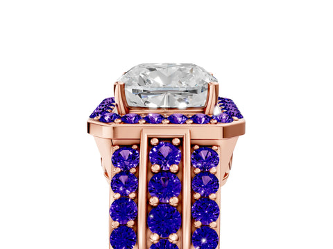 Rose gold Cushion Cut Halo Diamond Ring with Round with Tanzanite side stone Split Shank and Prong Setting_5