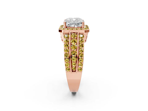 Rose gold Cushion Cut Halo Diamond Ring with Round with Yellow Sapphire side stone Split Shank and Prong Setting_2