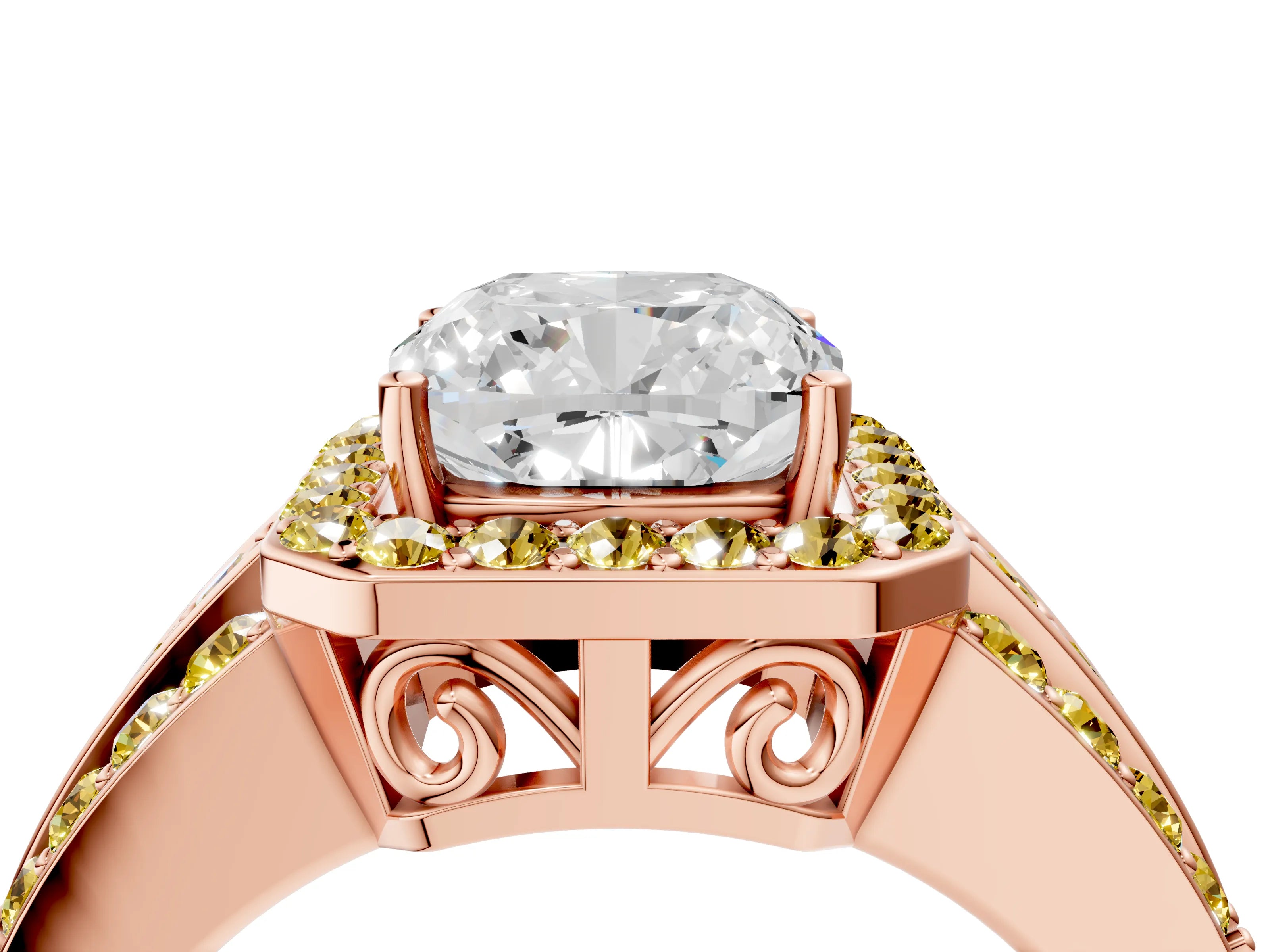 Rose gold Cushion Cut Halo Diamond Ring with Round with Yellow Sapphire side stone Split Shank and Prong Setting_4