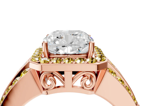 Rose gold Cushion Cut Halo Diamond Ring with Round with Yellow Sapphire side stone Split Shank and Prong Setting_4