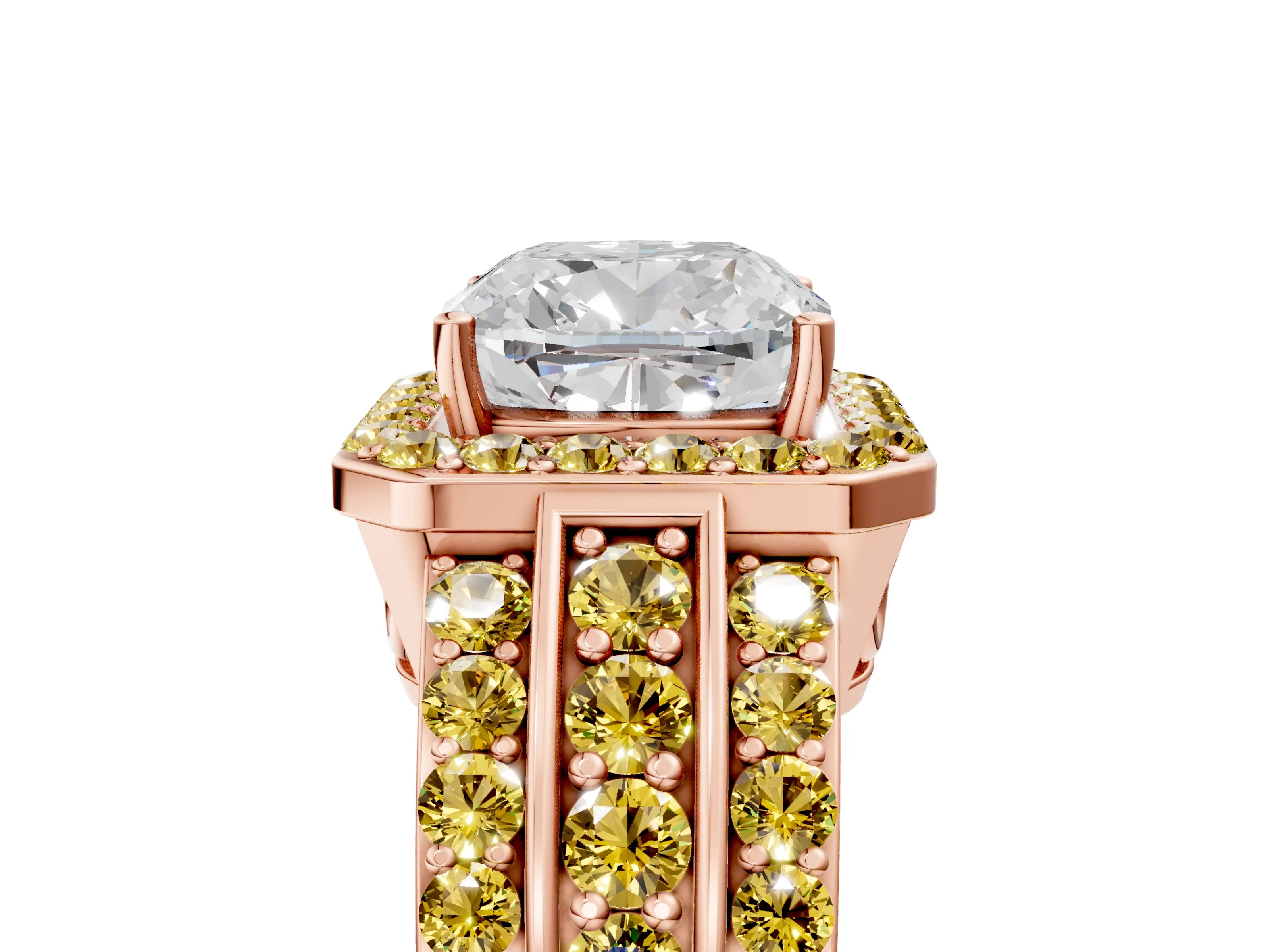 Rose gold Cushion Cut Halo Diamond Ring with Round with Yellow Sapphire side stone Split Shank and Prong Setting_5