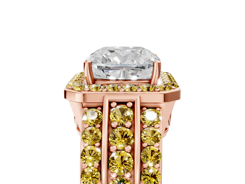 Rose gold Cushion Cut Halo Diamond Ring with Round with Yellow Sapphire side stone Split Shank and Prong Setting_5