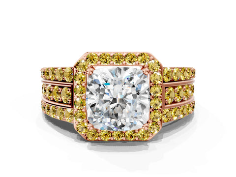 Rose gold Cushion Cut Halo Diamond Ring with Round with Yellow Sapphire side stone Split Shank and Prong Setting