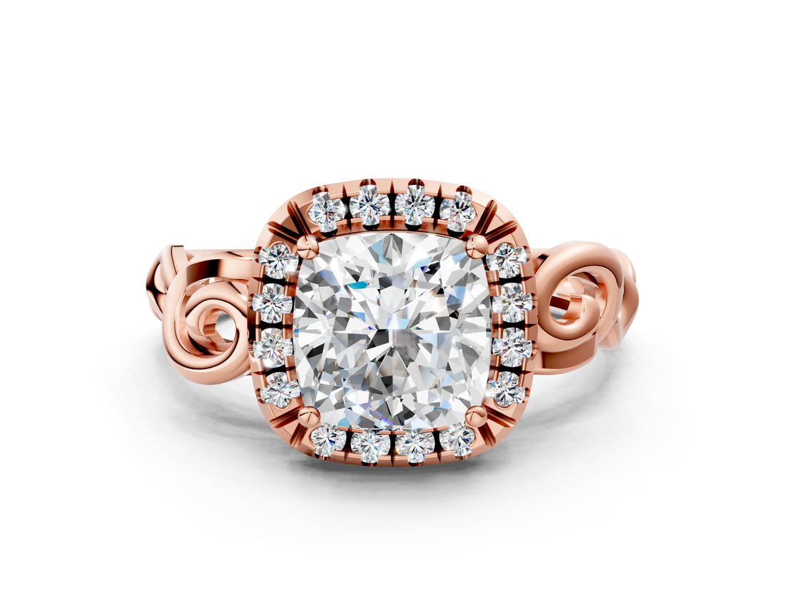 Rose gold Cushion Cut Halo Diamond Ring with Scrollwork Band and Four-Prong Setting_56