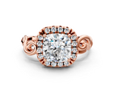 Rose gold Cushion Cut Halo Diamond Ring with Scrollwork Band and Four-Prong Setting_56