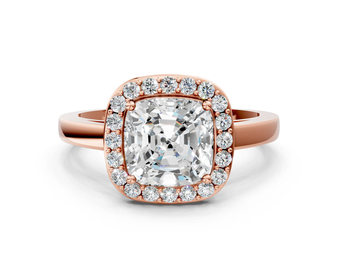 Rose gold Cushion Cut Halo Diamond Ring with Solitaire Band and Prong Setting_3