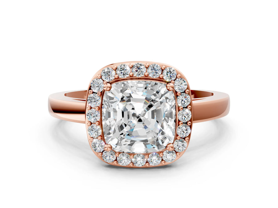 Rose gold Cushion Cut Halo Diamond Ring with Solitaire Band and Prong Setting