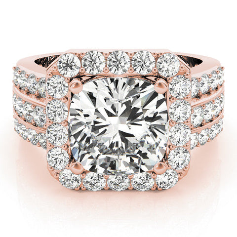 Rose gold Zambian Emerald Cushion cut -Cut Halo Diamond Ring with Split Shank and Four-Prong Setting
