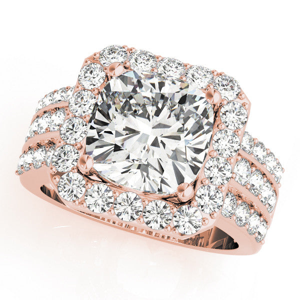 Rose gold Cushion-Cut Halo Diamond Ring with Split Shank and Four-Prong Setting