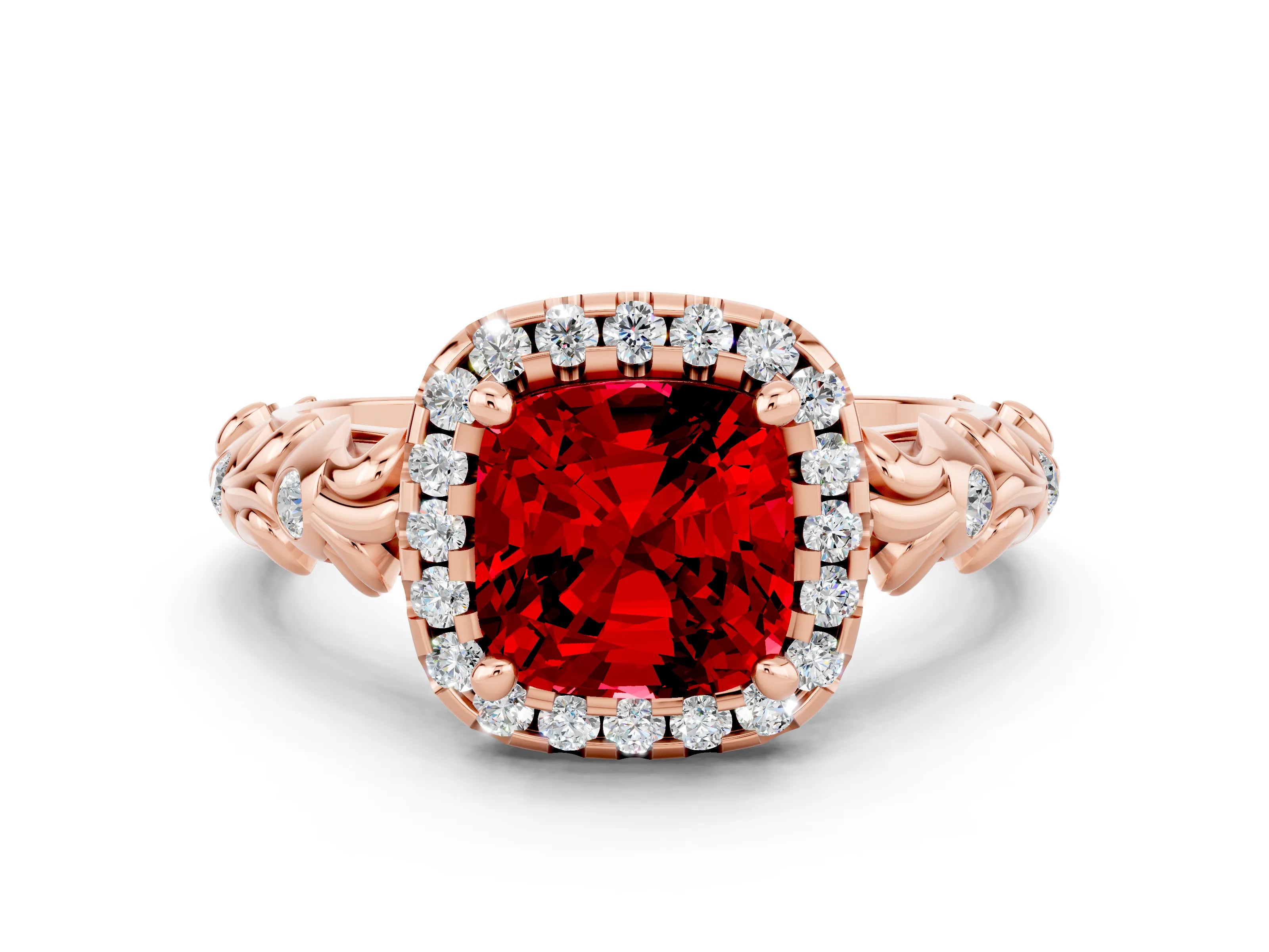Rose gold Cushion Cut Halo Diamond Solitaire with Filigree Band and Four-Prong Setting