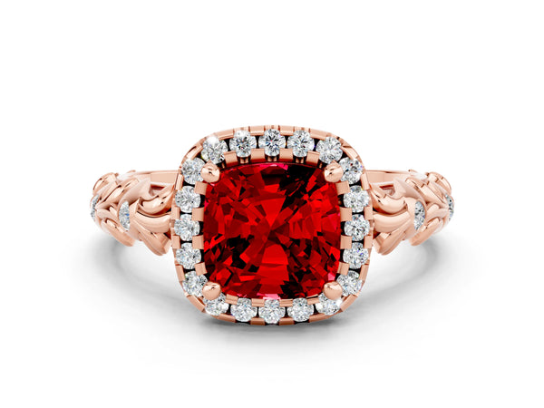 Rose gold Cushion Cut Ruby Halo Ring with Filigree Band and Prong Setting