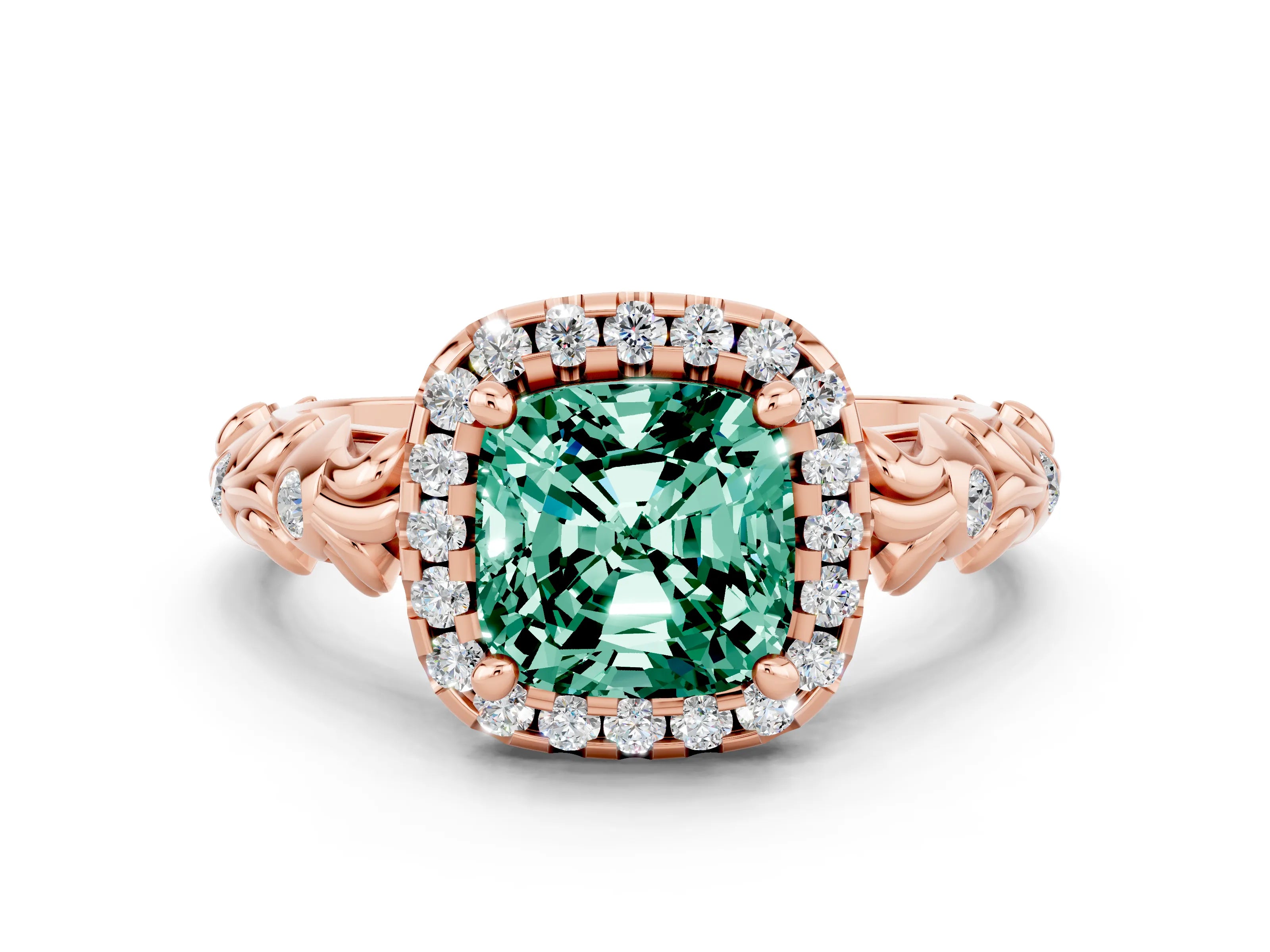 Rose gold Cushion Cut Halo Diamond Solitaire with Filigree Band and Four-Prong Setting