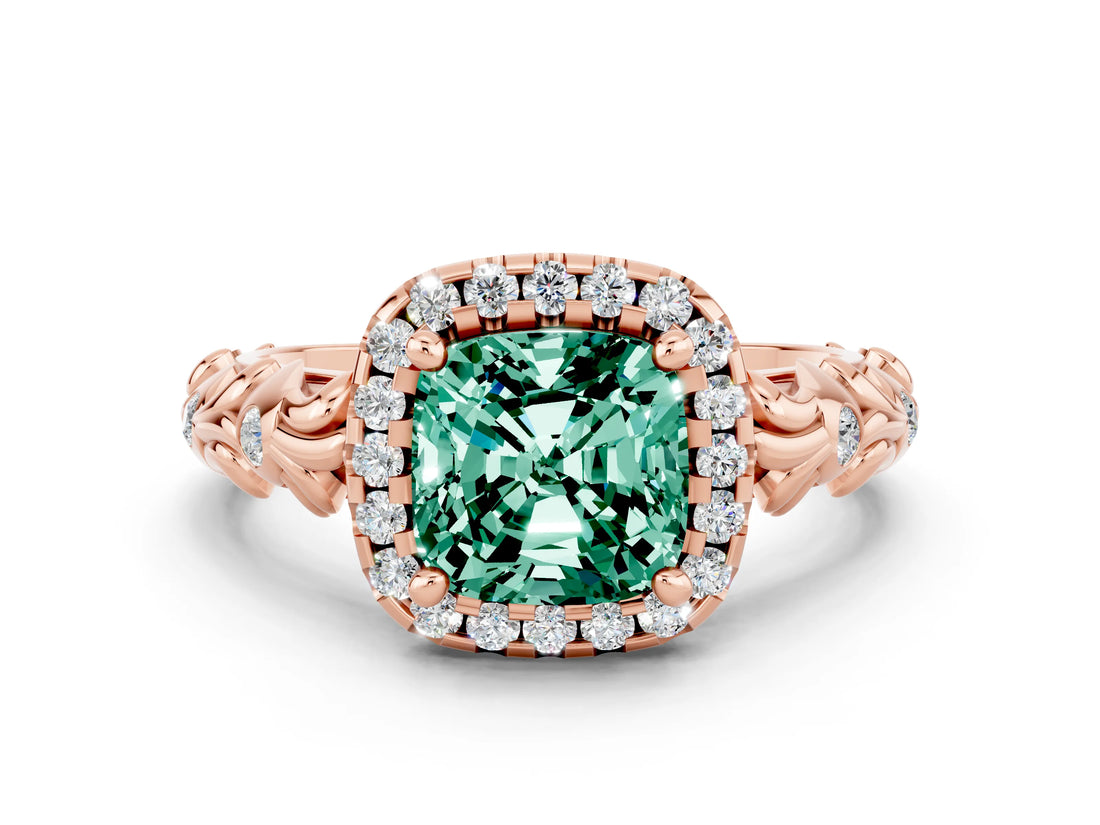 Rose gold Cushion Cut Halo Diamond Solitaire with Filigree Band and Four-Prong Setting