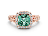 Rose gold Cushion Cut Halo Diamond Solitaire with Filigree Band and Four-Prong Setting