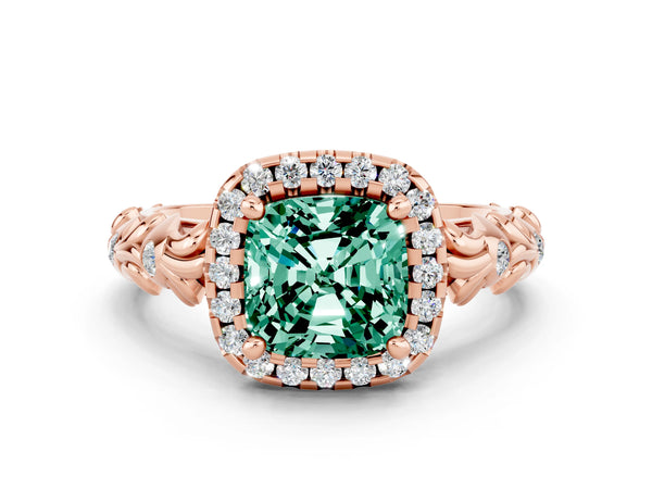 Rose gold Cushion Cut Green Sapphire Halo Ring with Filigree Band and Prong Setting