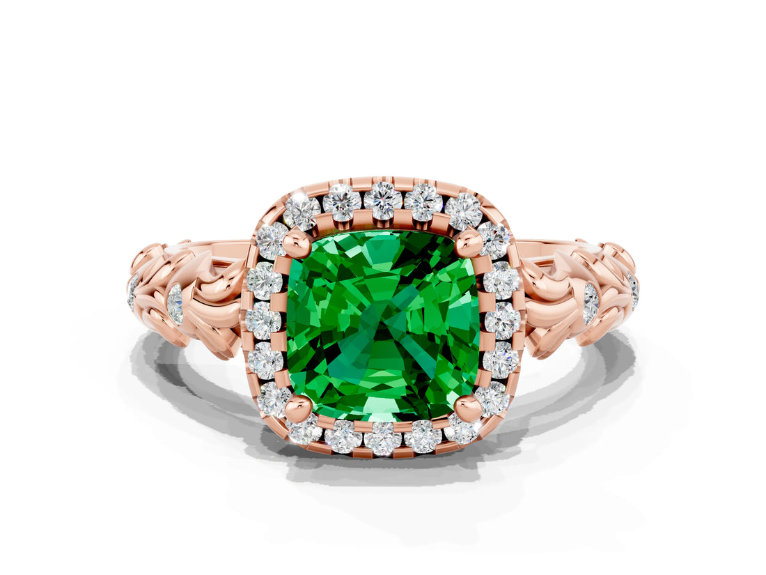 Rose gold Cushion Cut Halo Diamond Solitaire with Filigree Band and Four-Prong Setting
