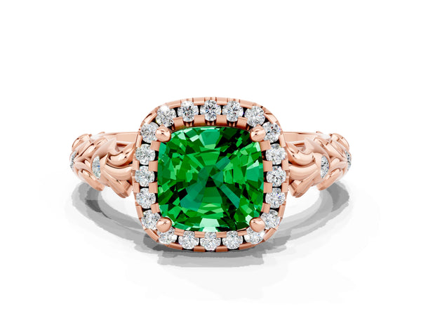 Rose gold Cushion Cut Emerald Halo Ring with Filigree Band and Prong Setting