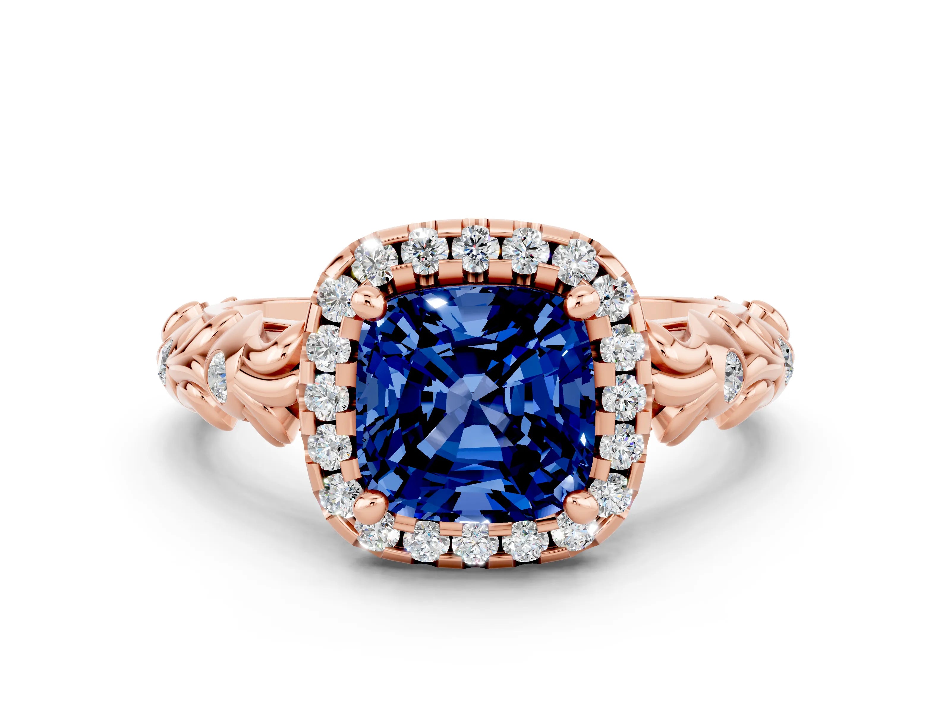 Rose gold Cushion Cut Halo Diamond Solitaire with Filigree Band and Four-Prong Setting