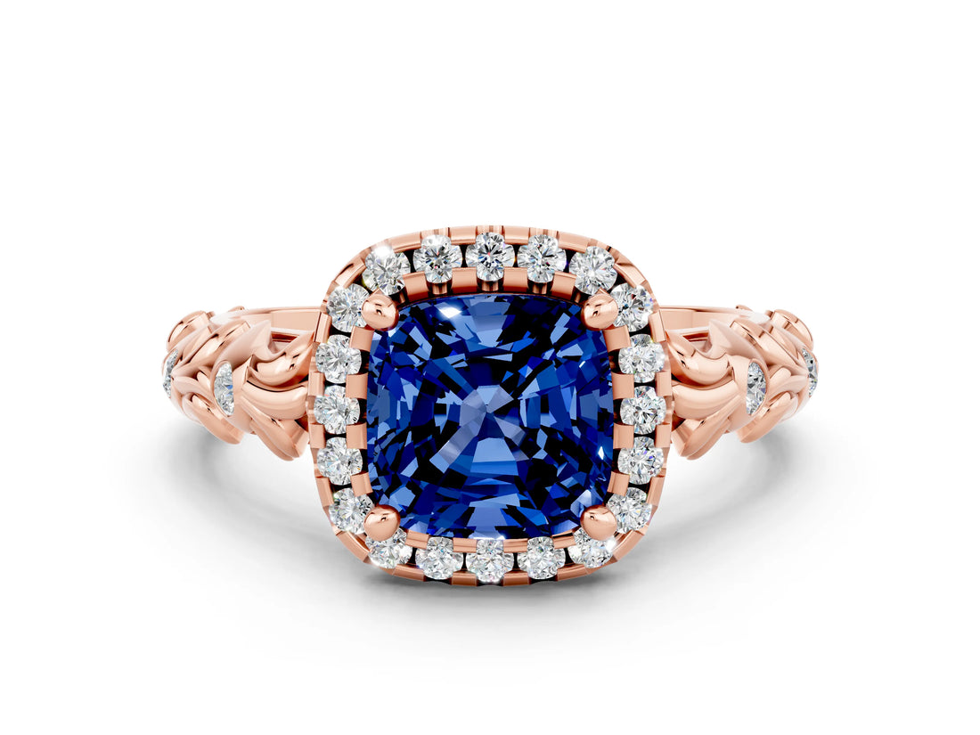 Rose gold Cushion Cut Halo Diamond Solitaire with Filigree Band and Four-Prong Setting