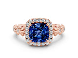 Rose gold Cushion Cut Halo Diamond Solitaire with Filigree Band and Four-Prong Setting