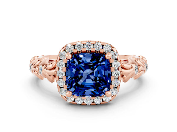 Rose gold Cushion Cut Blue Sapphire Halo Ring with Filigree Band and Prong Setting