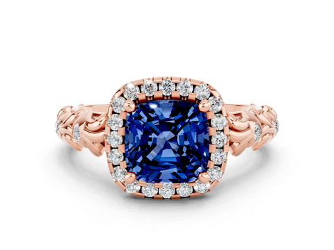 Rose gold Cushion Cut Halo Diamond Solitaire with Filigree Band and Four-Prong Setting