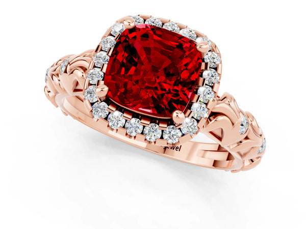 Rose gold Cushion Cut Ruby Halo Ring with Filigree Band and Prong Setting