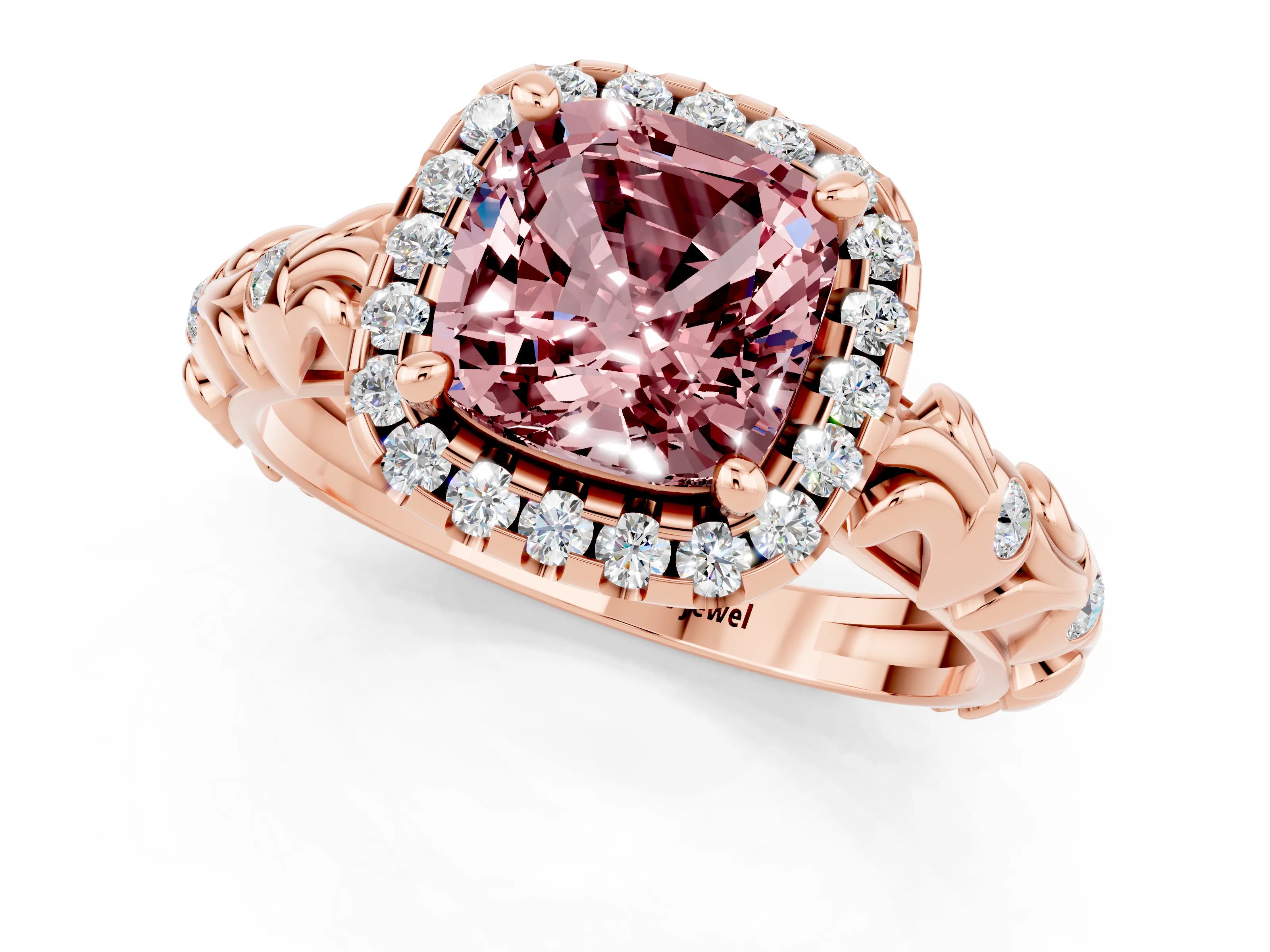 Rose gold Cushion Cut Halo Diamond Solitaire with Filigree Band and Four-Prong Setting_1