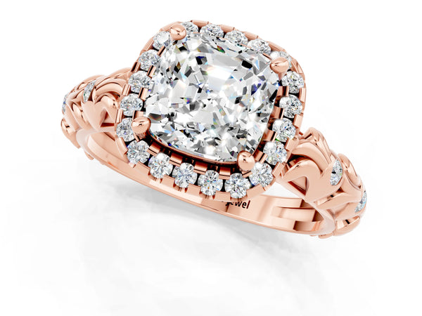 Rose gold Cushion Cut Moissanite Halo Ring with Filigree Band and Prong Setting