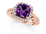 Rose gold Cushion Cut Halo Diamond Solitaire with Filigree Band and Four-Prong Setting_1