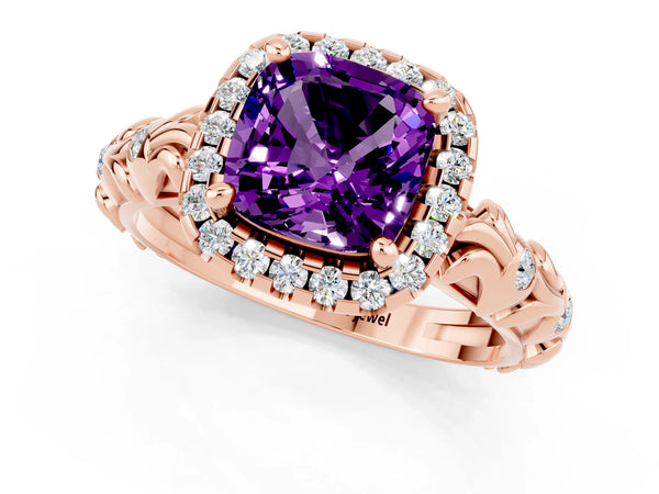 Rose gold Cushion Cut Amethyst Halo Ring with Filigree Band and Prong Setting