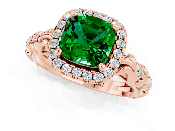 Rose gold Cushion Cut Emerald Halo Ring with Filigree Band and Prong Setting