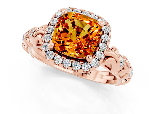 Rose gold Cushion Cut Citrine Halo Ring with Filigree Band and Prong Setting