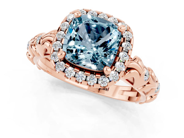 Rose gold Cushion Cut Aquamarine Halo Ring with Filigree Band and Prong Setting