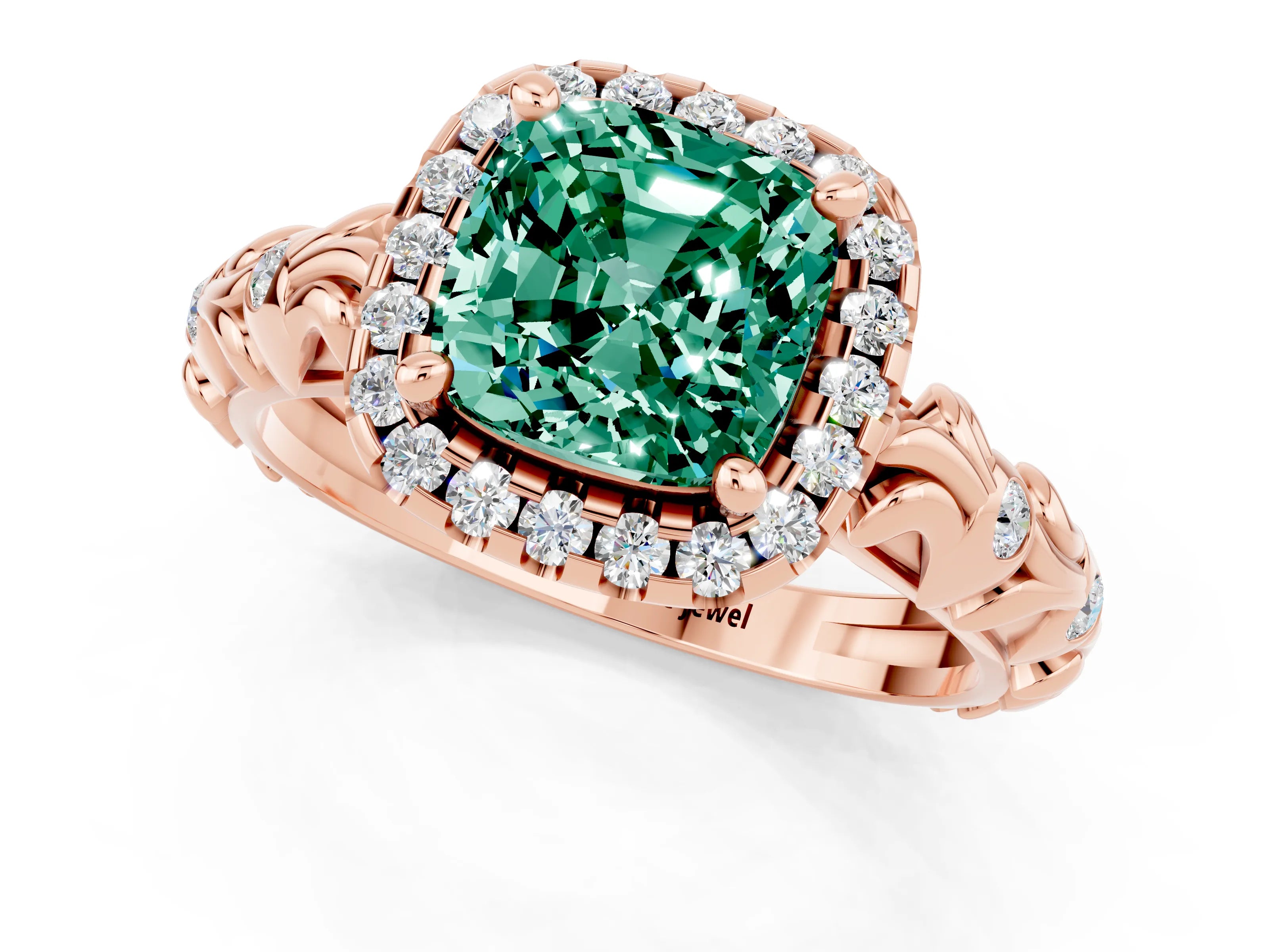 Rose gold Cushion Cut Halo Diamond Solitaire with Filigree Band and Four-Prong Setting_1