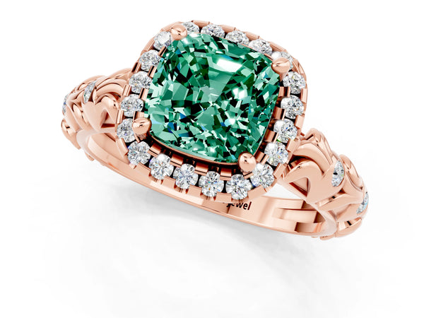 Rose gold Cushion Cut Green Sapphire Halo Ring with Filigree Band and Prong Setting
