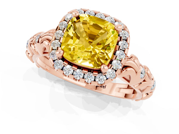 Rose gold Cushion Cut Yellow Sapphire Halo Ring with Filigree Band and Prong Setting