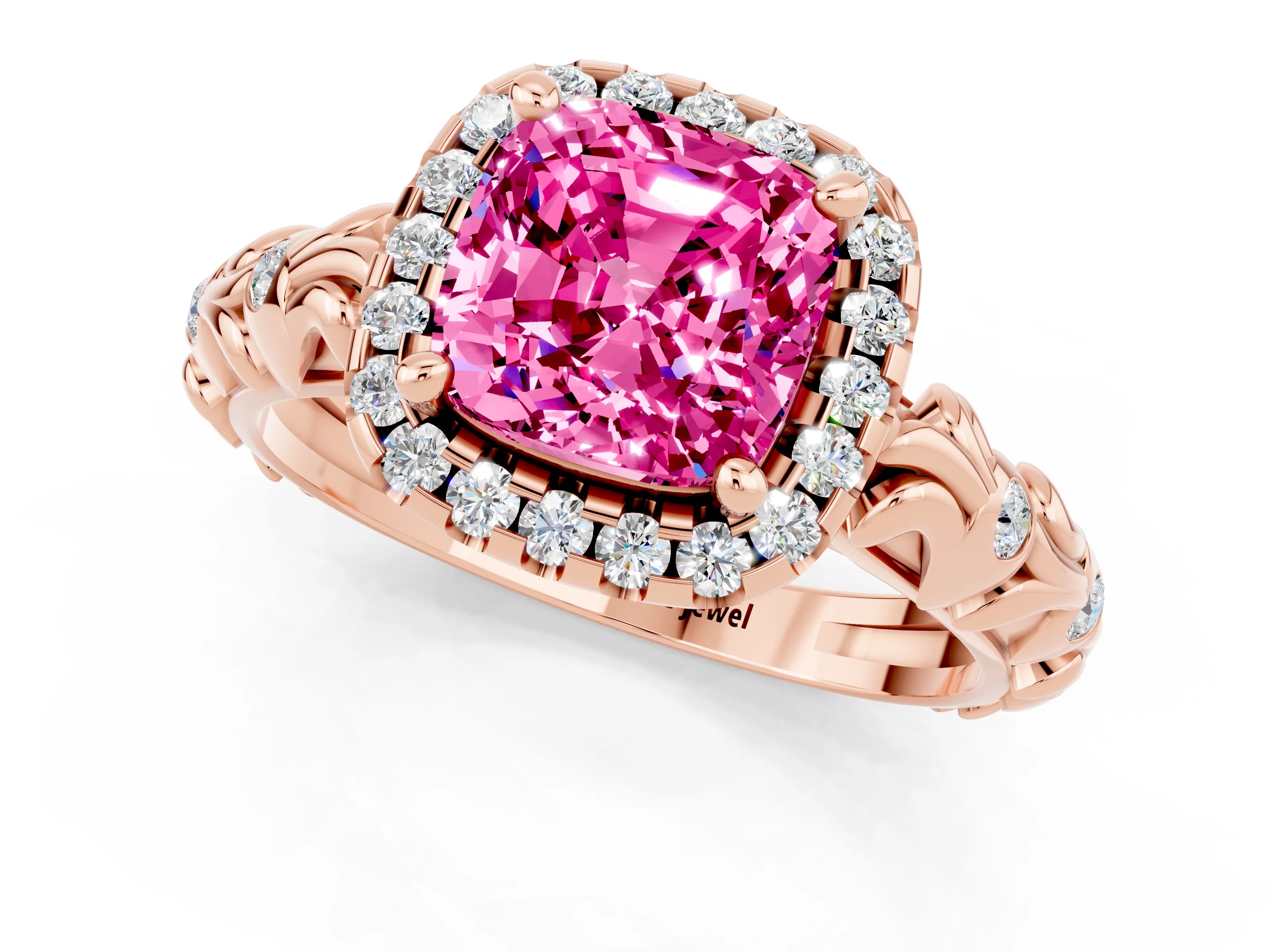 Rose gold Cushion Cut Halo Diamond Solitaire with Filigree Band and Four-Prong Setting_1